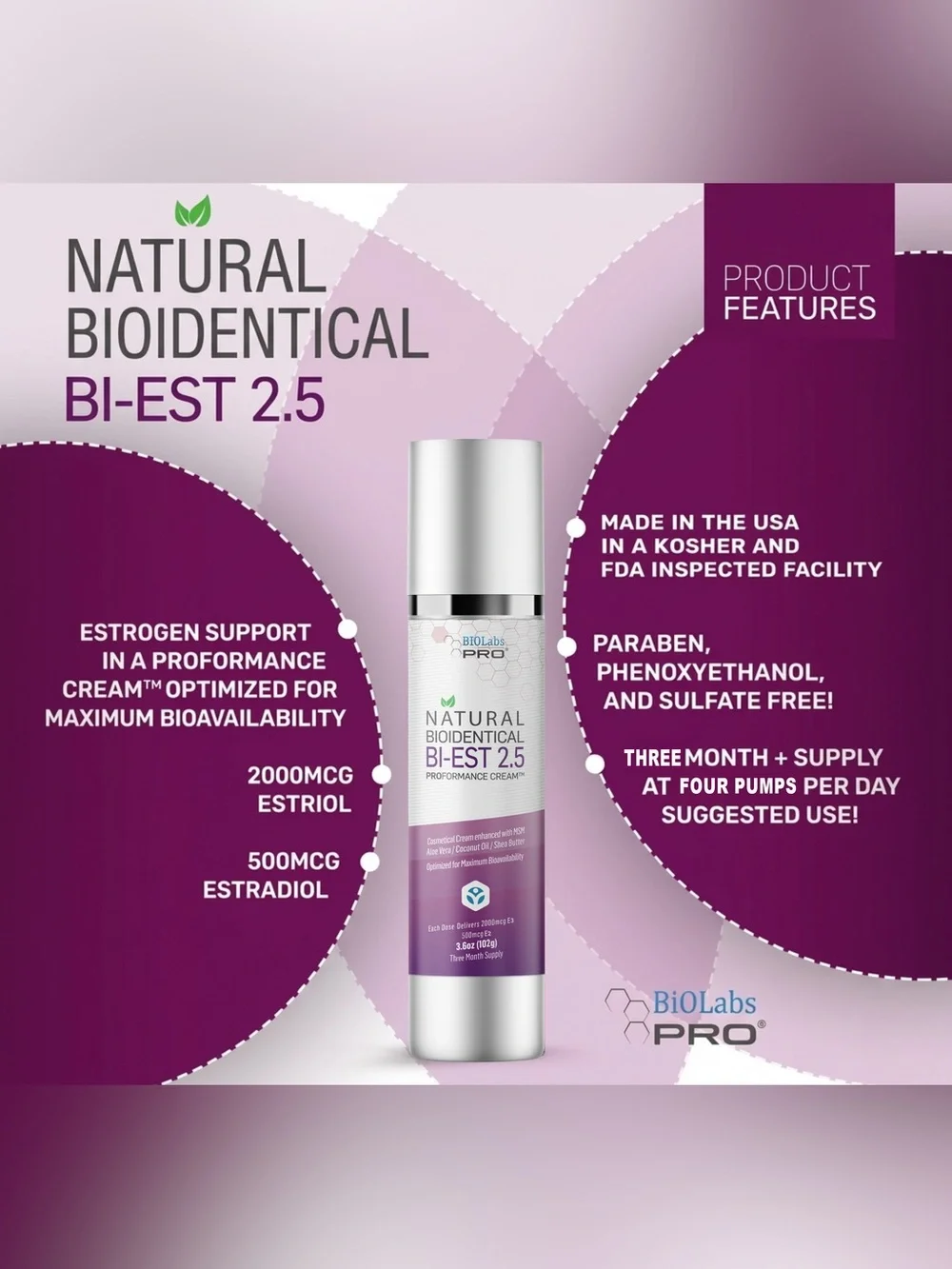 BioLabs Natural Bio-Identical BI-EST 2.5 Cream ~ 2 Month Supply ~ New & Sealed